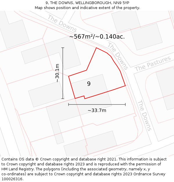 9, THE DOWNS, WELLINGBOROUGH, NN9 5YP: Plot and title map