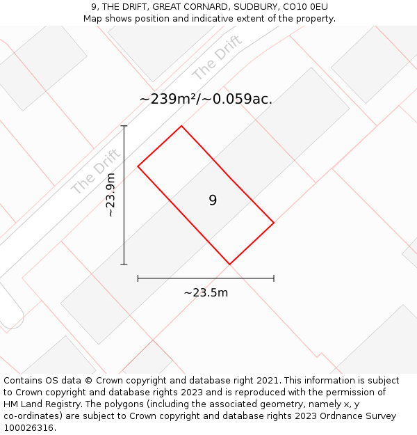 9, THE DRIFT, GREAT CORNARD, SUDBURY, CO10 0EU: Plot and title map