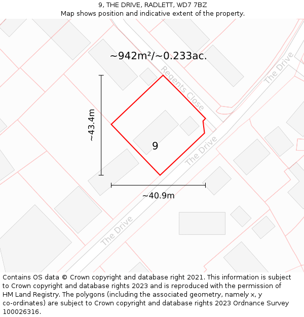 9, THE DRIVE, RADLETT, WD7 7BZ: Plot and title map