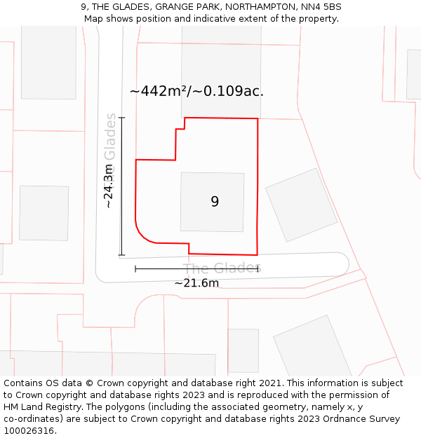 9, THE GLADES, GRANGE PARK, NORTHAMPTON, NN4 5BS: Plot and title map