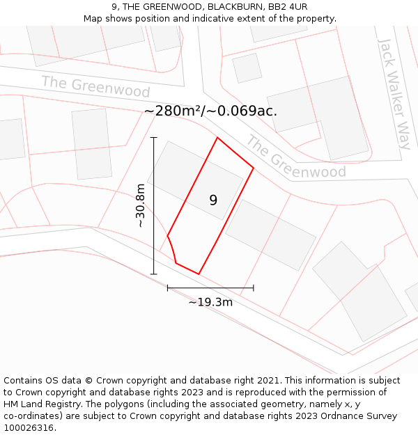 9, THE GREENWOOD, BLACKBURN, BB2 4UR: Plot and title map