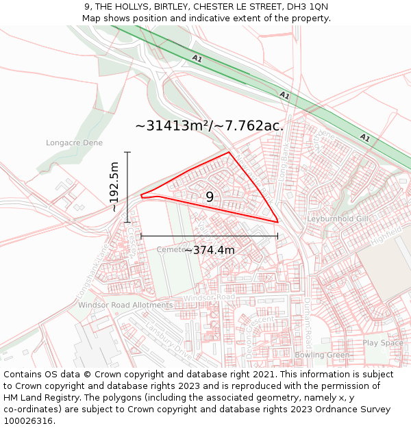 9, THE HOLLYS, BIRTLEY, CHESTER LE STREET, DH3 1QN: Plot and title map