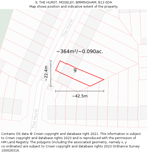 9, THE HURST, MOSELEY, BIRMINGHAM, B13 0DA: Plot and title map