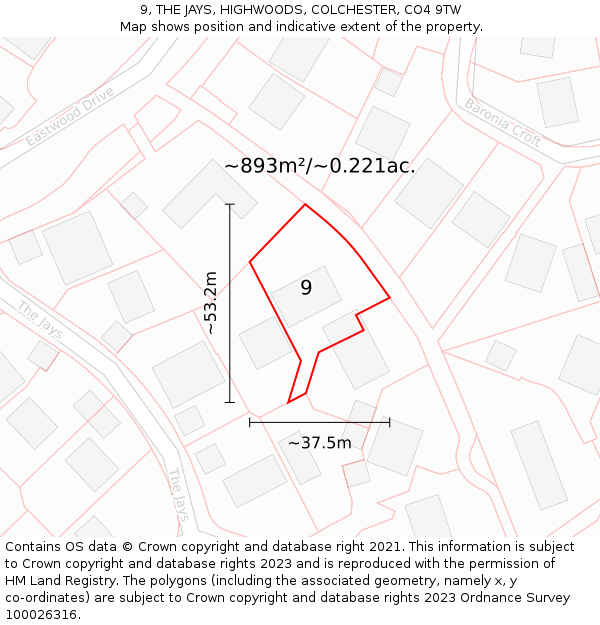 9, THE JAYS, HIGHWOODS, COLCHESTER, CO4 9TW: Plot and title map