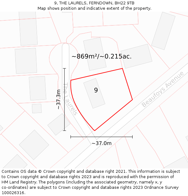 9, THE LAURELS, FERNDOWN, BH22 9TB: Plot and title map