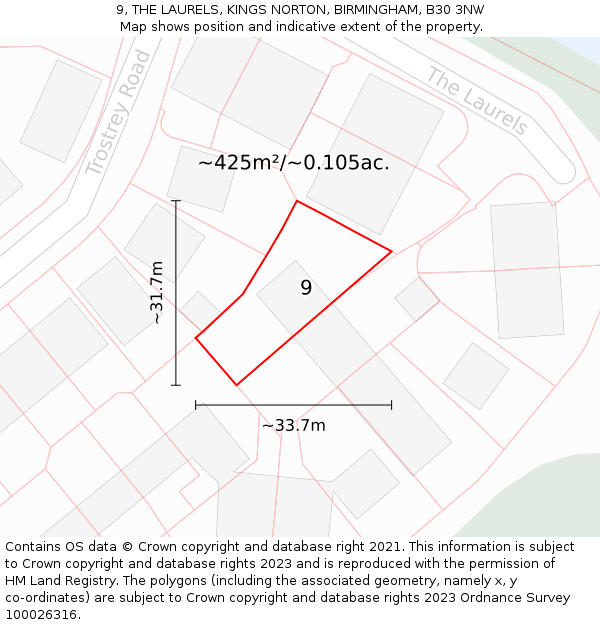 9, THE LAURELS, KINGS NORTON, BIRMINGHAM, B30 3NW: Plot and title map