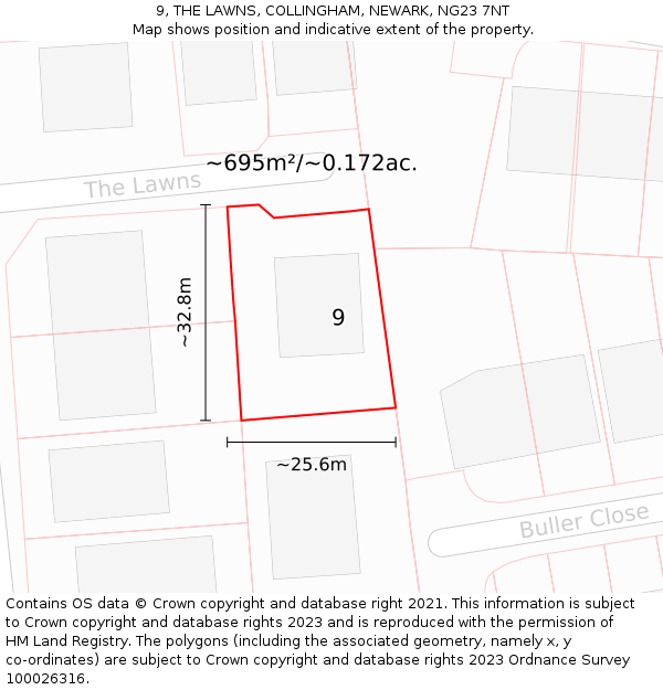 9, THE LAWNS, COLLINGHAM, NEWARK, NG23 7NT: Plot and title map