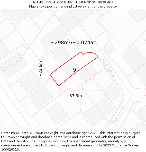 9, THE LEYS, ALCONBURY, HUNTINGDON, PE28 4HR: Plot and title map