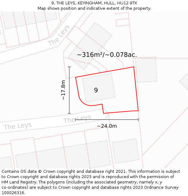 9, THE LEYS, KEYINGHAM, HULL, HU12 9TX: Plot and title map