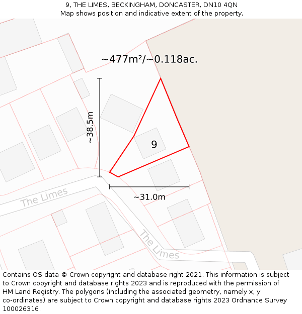 9, THE LIMES, BECKINGHAM, DONCASTER, DN10 4QN: Plot and title map