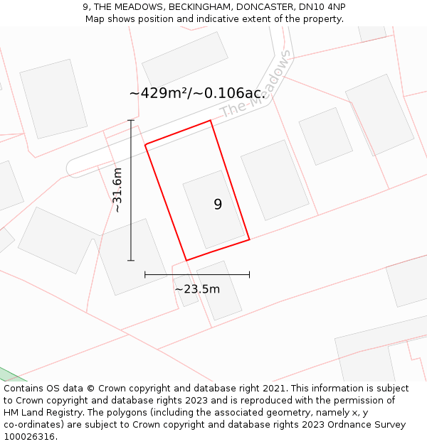 9, THE MEADOWS, BECKINGHAM, DONCASTER, DN10 4NP: Plot and title map