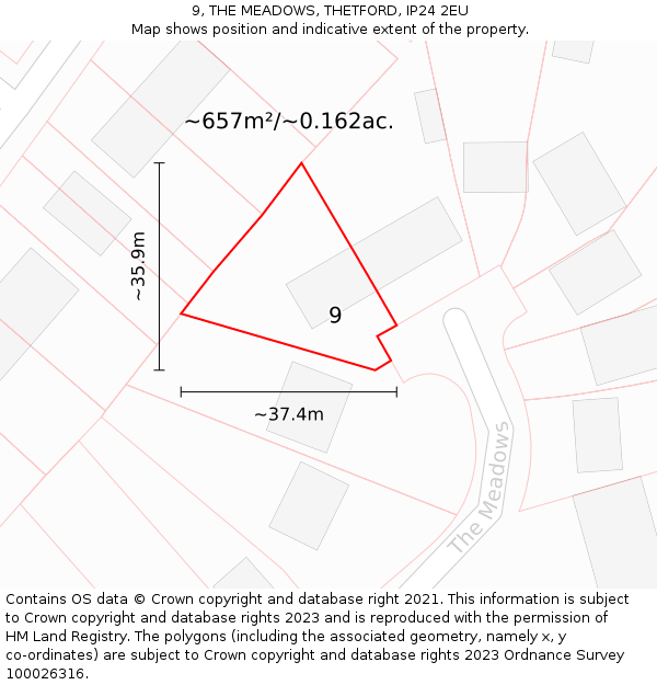 9, THE MEADOWS, THETFORD, IP24 2EU: Plot and title map