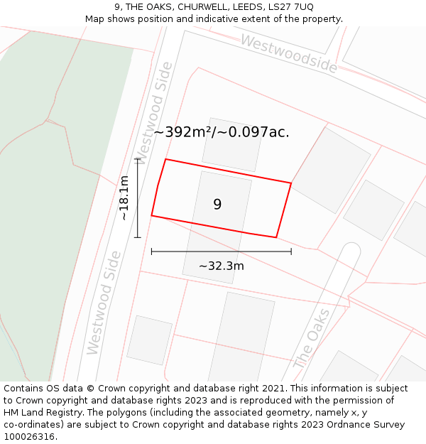 9, THE OAKS, CHURWELL, LEEDS, LS27 7UQ: Plot and title map