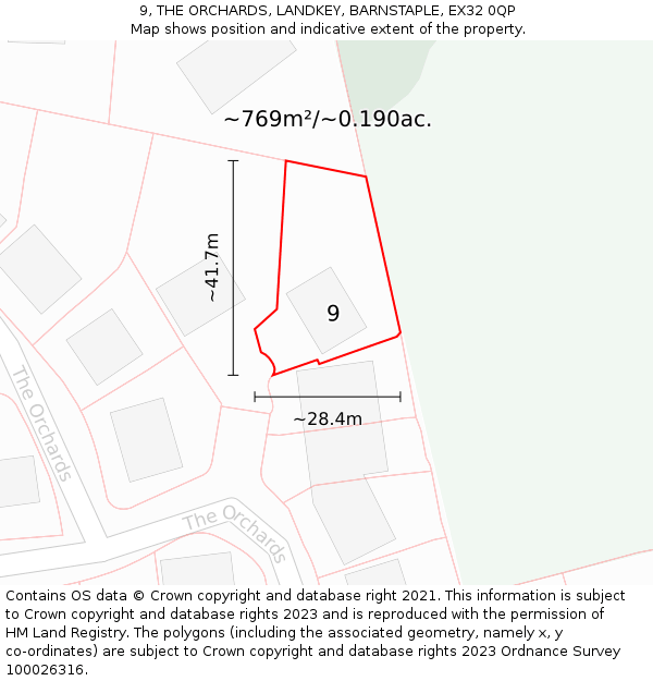 9, THE ORCHARDS, LANDKEY, BARNSTAPLE, EX32 0QP: Plot and title map