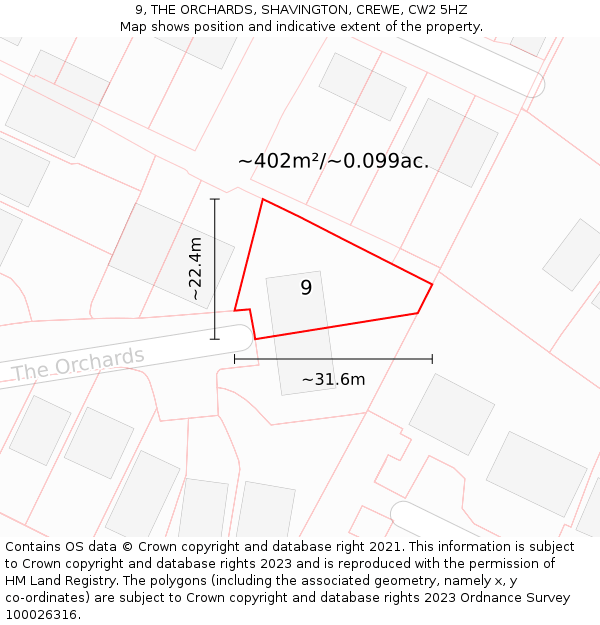 9, THE ORCHARDS, SHAVINGTON, CREWE, CW2 5HZ: Plot and title map