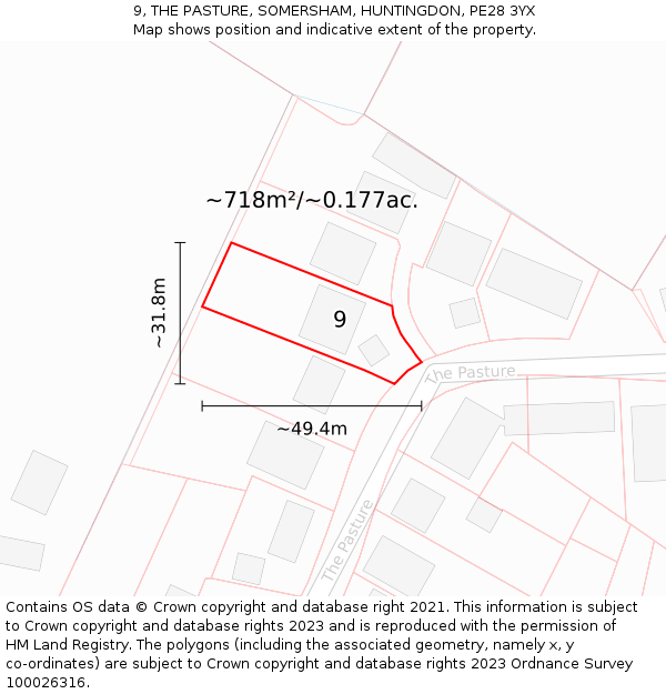 9, THE PASTURE, SOMERSHAM, HUNTINGDON, PE28 3YX: Plot and title map