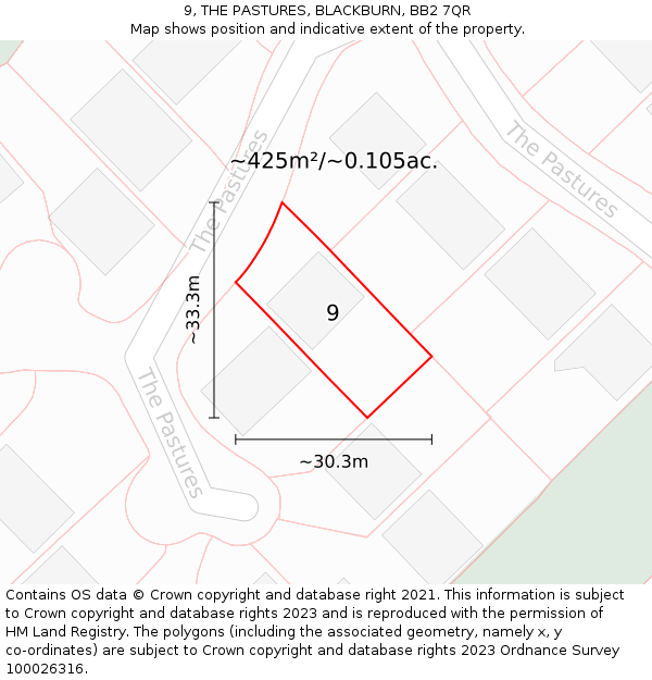 9, THE PASTURES, BLACKBURN, BB2 7QR: Plot and title map