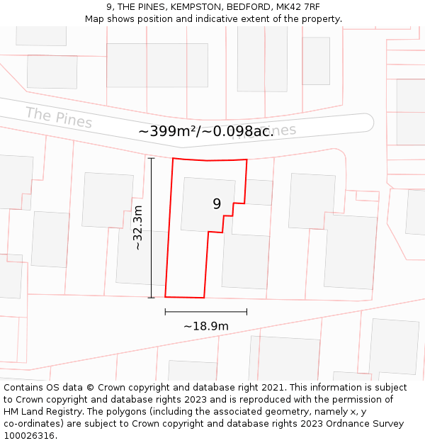 9, THE PINES, KEMPSTON, BEDFORD, MK42 7RF: Plot and title map