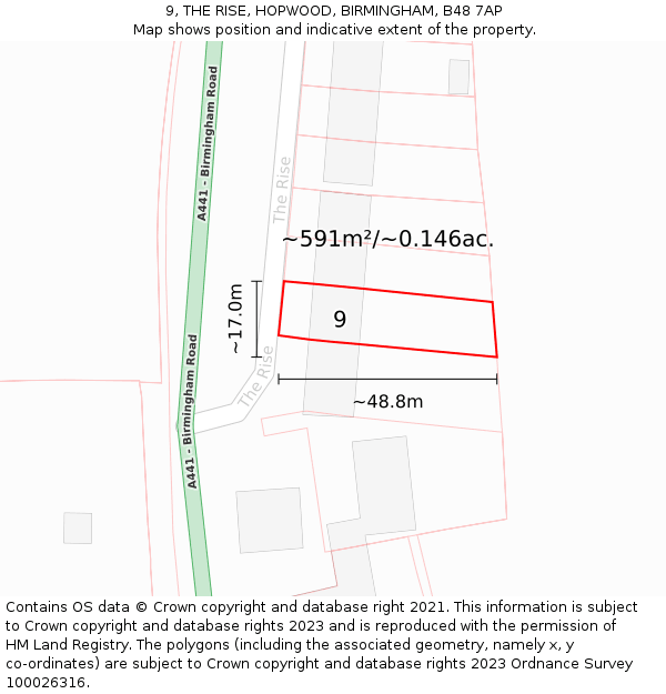 9, THE RISE, HOPWOOD, BIRMINGHAM, B48 7AP: Plot and title map