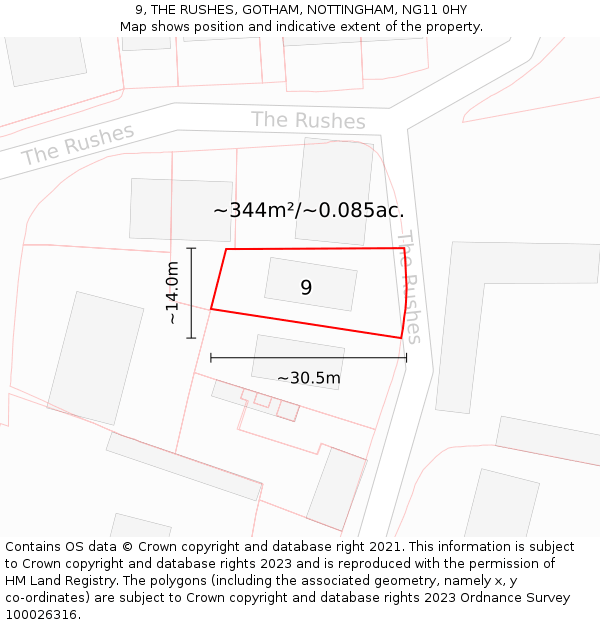 9, THE RUSHES, GOTHAM, NOTTINGHAM, NG11 0HY: Plot and title map