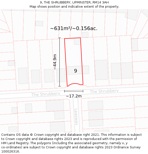 9, THE SHRUBBERY, UPMINSTER, RM14 3AH: Plot and title map