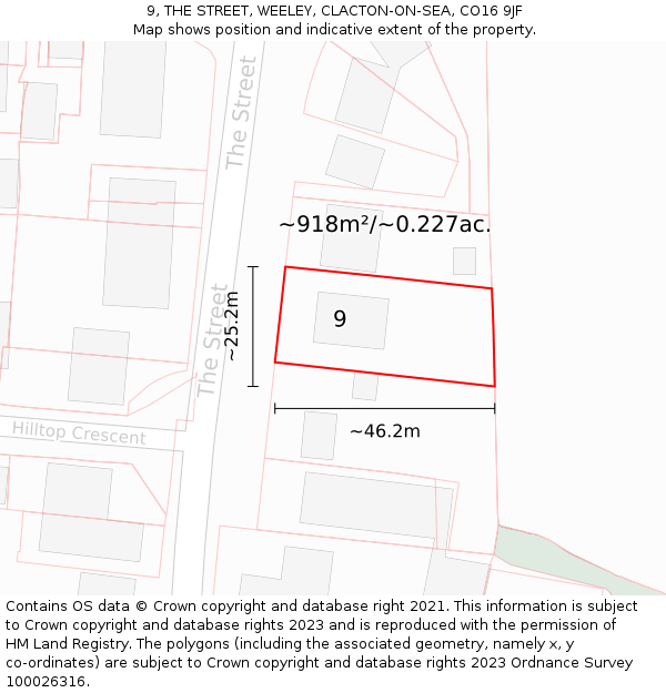 9, THE STREET, WEELEY, CLACTON-ON-SEA, CO16 9JF: Plot and title map