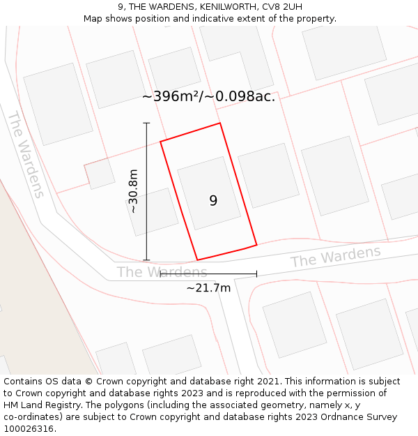 9, THE WARDENS, KENILWORTH, CV8 2UH: Plot and title map