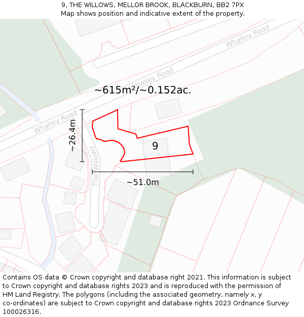 9, THE WILLOWS, MELLOR BROOK, BLACKBURN, BB2 7PX: Plot and title map