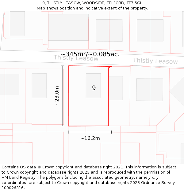 9, THISTLY LEASOW, WOODSIDE, TELFORD, TF7 5GL: Plot and title map