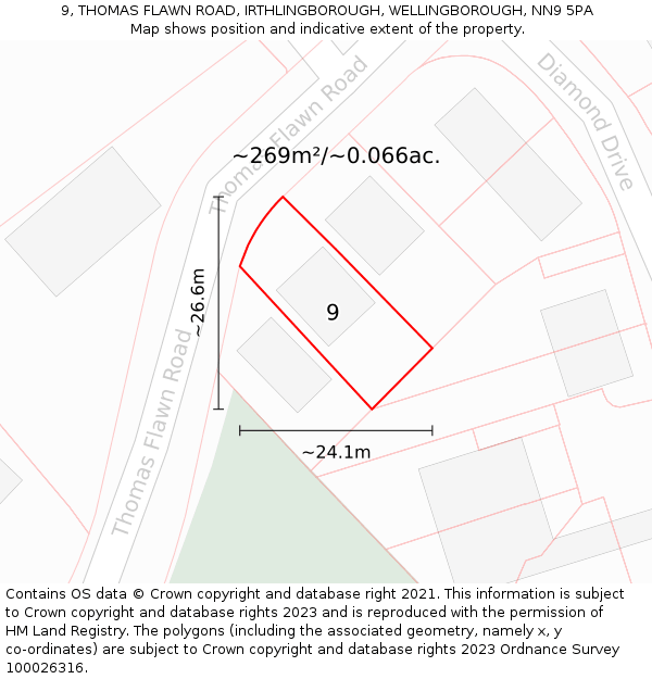 9, THOMAS FLAWN ROAD, IRTHLINGBOROUGH, WELLINGBOROUGH, NN9 5PA: Plot and title map