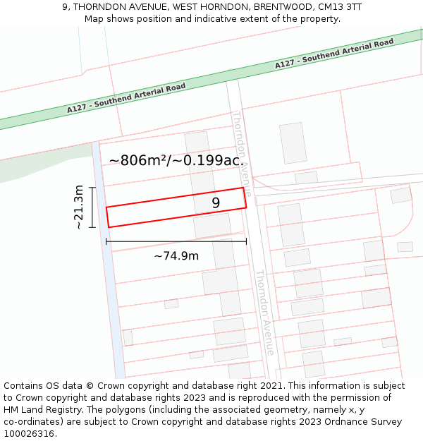 9, THORNDON AVENUE, WEST HORNDON, BRENTWOOD, CM13 3TT: Plot and title map