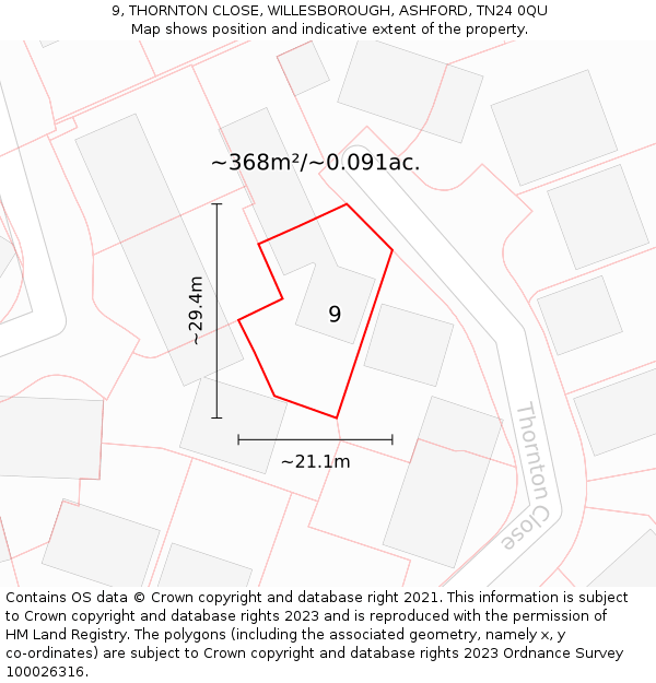 9, THORNTON CLOSE, WILLESBOROUGH, ASHFORD, TN24 0QU: Plot and title map