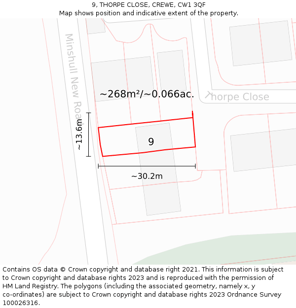 9, THORPE CLOSE, CREWE, CW1 3QF: Plot and title map