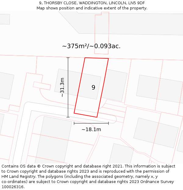 9, THORSBY CLOSE, WADDINGTON, LINCOLN, LN5 9DF: Plot and title map