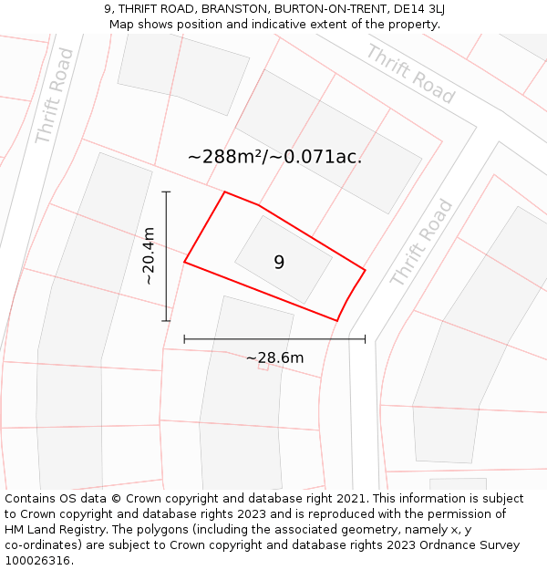 9, THRIFT ROAD, BRANSTON, BURTON-ON-TRENT, DE14 3LJ: Plot and title map