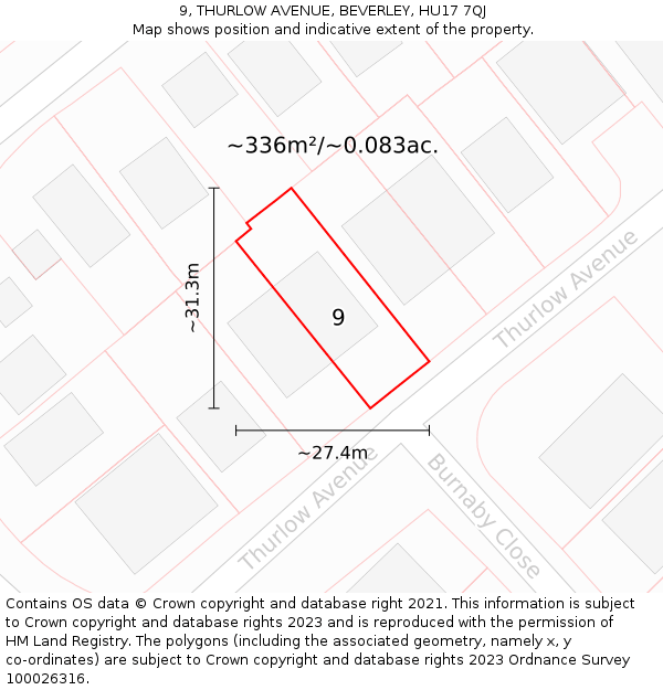 9, THURLOW AVENUE, BEVERLEY, HU17 7QJ: Plot and title map