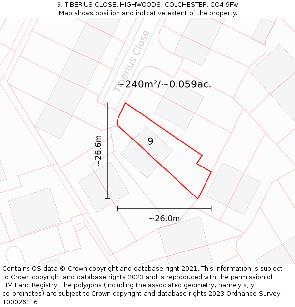 9, TIBERIUS CLOSE, HIGHWOODS, COLCHESTER, CO4 9FW: Plot and title map