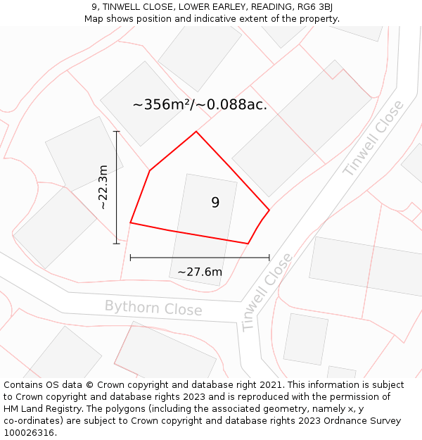 9, TINWELL CLOSE, LOWER EARLEY, READING, RG6 3BJ: Plot and title map