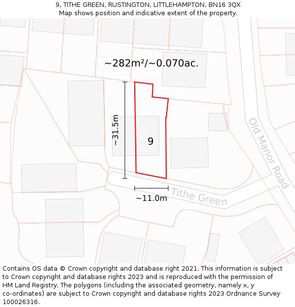 9, TITHE GREEN, RUSTINGTON, LITTLEHAMPTON, BN16 3QX: Plot and title map