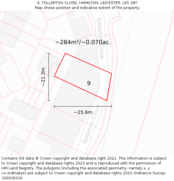 9, TOLLERTON CLOSE, HAMILTON, LEICESTER, LE5 1BT: Plot and title map