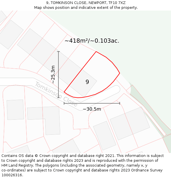 9, TOMKINSON CLOSE, NEWPORT, TF10 7XZ: Plot and title map