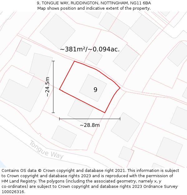 9, TONGUE WAY, RUDDINGTON, NOTTINGHAM, NG11 6BA: Plot and title map