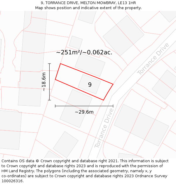 9, TORRANCE DRIVE, MELTON MOWBRAY, LE13 1HR: Plot and title map