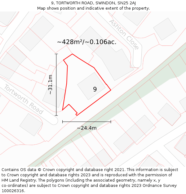 9, TORTWORTH ROAD, SWINDON, SN25 2AJ: Plot and title map