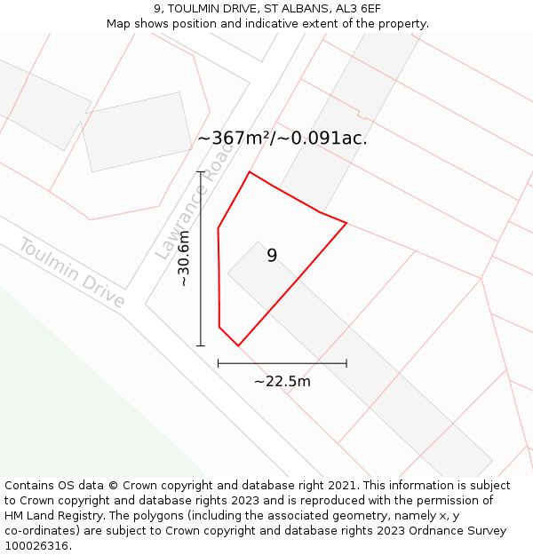 9, TOULMIN DRIVE, ST ALBANS, AL3 6EF: Plot and title map