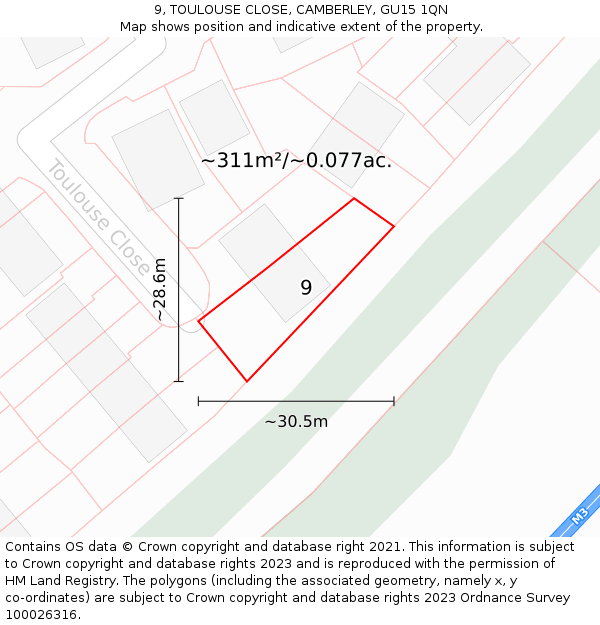 9, TOULOUSE CLOSE, CAMBERLEY, GU15 1QN: Plot and title map