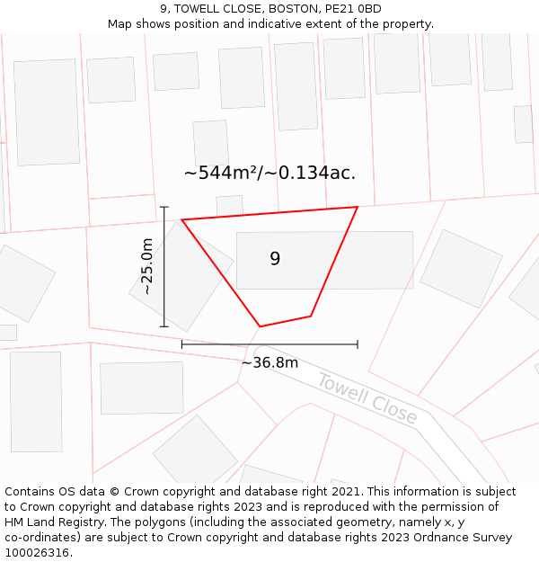 9, TOWELL CLOSE, BOSTON, PE21 0BD: Plot and title map