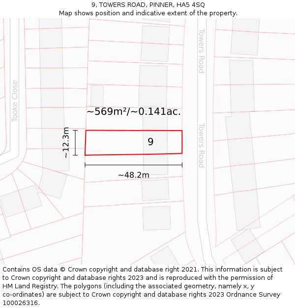 9, TOWERS ROAD, PINNER, HA5 4SQ: Plot and title map