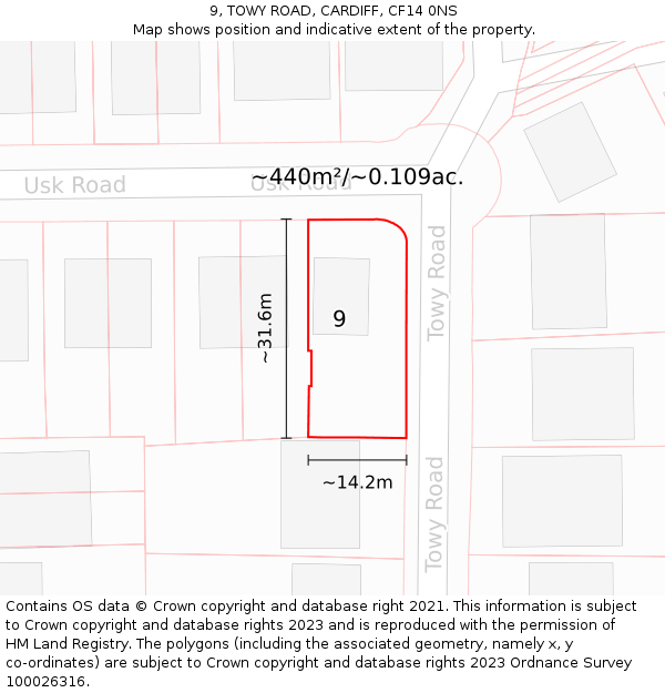 9, TOWY ROAD, CARDIFF, CF14 0NS: Plot and title map