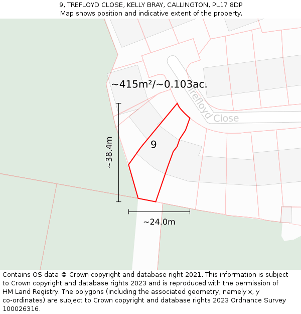 9, TREFLOYD CLOSE, KELLY BRAY, CALLINGTON, PL17 8DP: Plot and title map